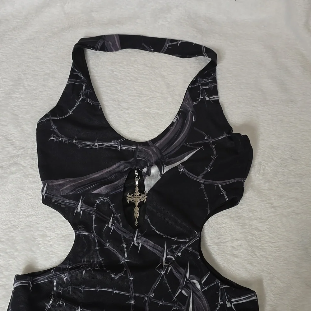 Hardcore dance cross and thorus printed mesh jumpsuit size small  NWT. - Picture 5 of 13